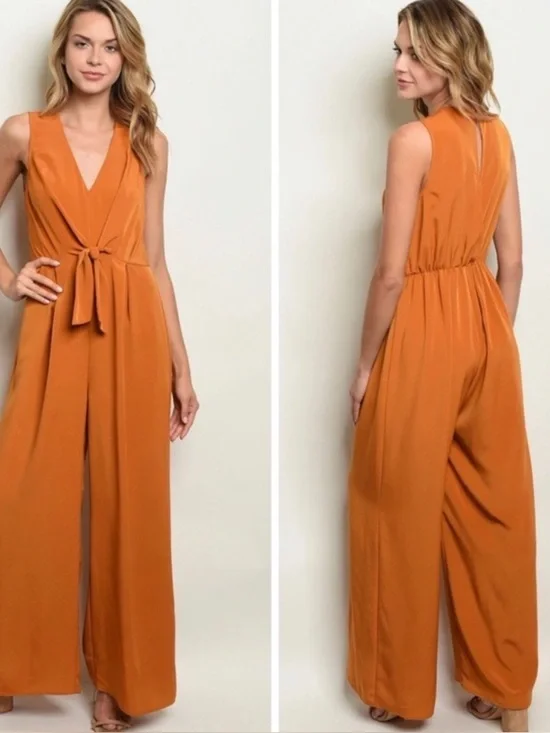 Le Lis Sleeveless Tie-Waist Jumpsuit in Mustard - Picture 4 of 7